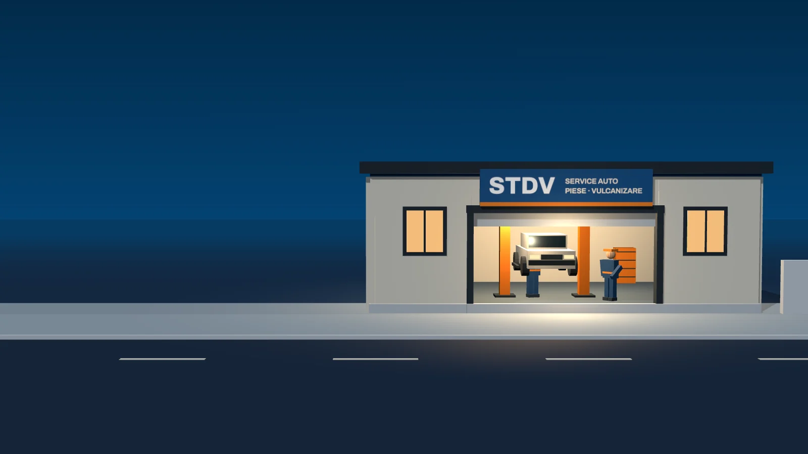 Atelierul STDV Concept seara, desenat 3D: poarta e ridicată, înăuntru o mașină pe elevator și doi mecanici lucrează la ea.